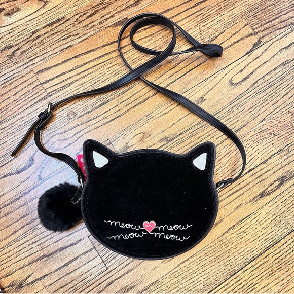 Lily Bloom Cat Face Bag Purse Small Black Pink Velvet Clean RARE Long Strap - Picture 1 of 8